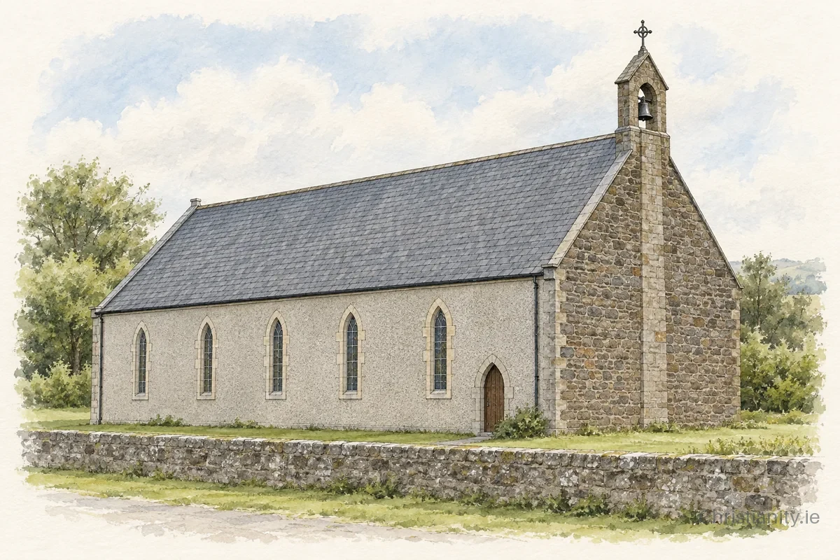 Watercolour and ink illustration of Church of the Sacred Heart, Kilglass