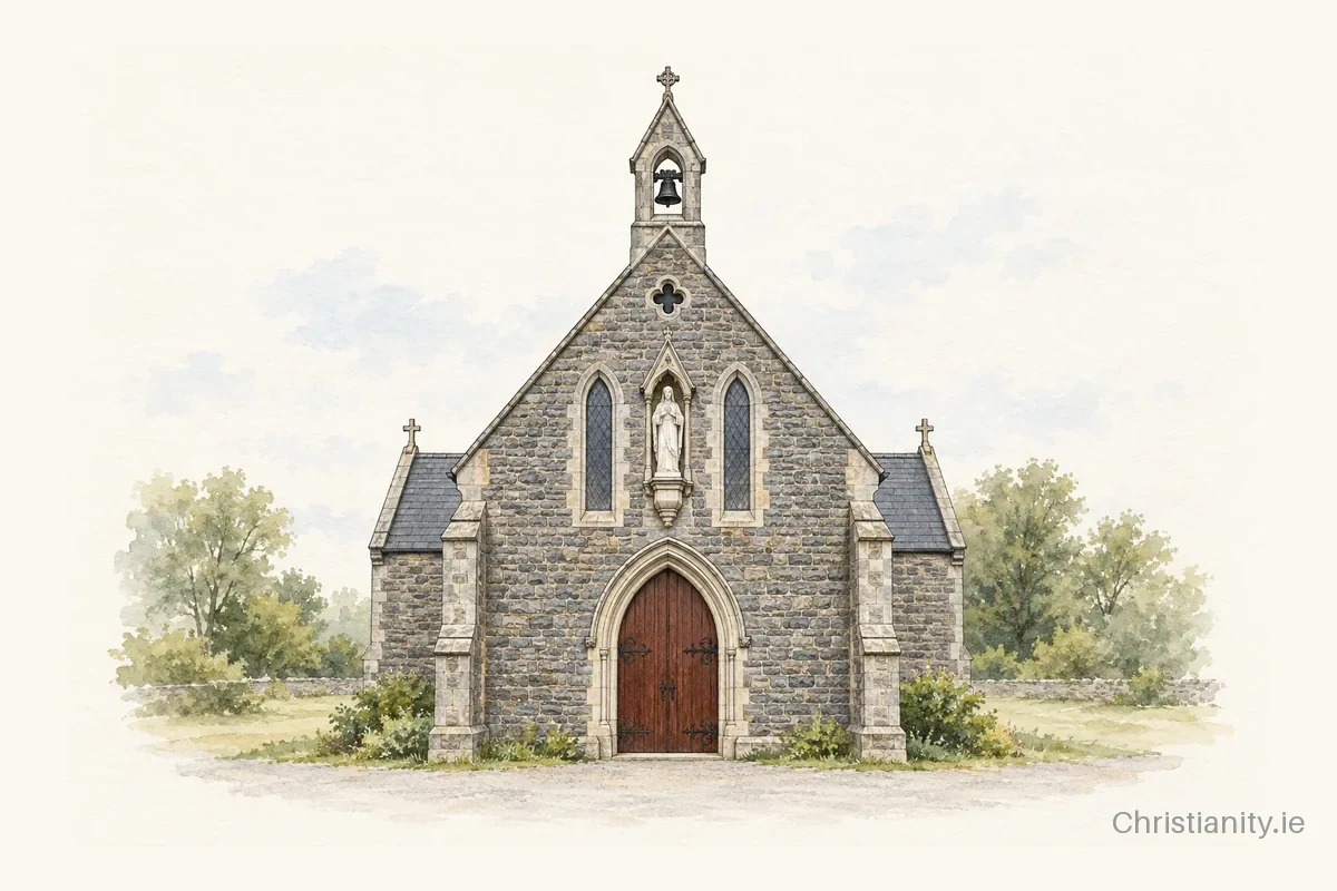 Watercolour and ink illustration of Church of the Sacred Heart, Killusty