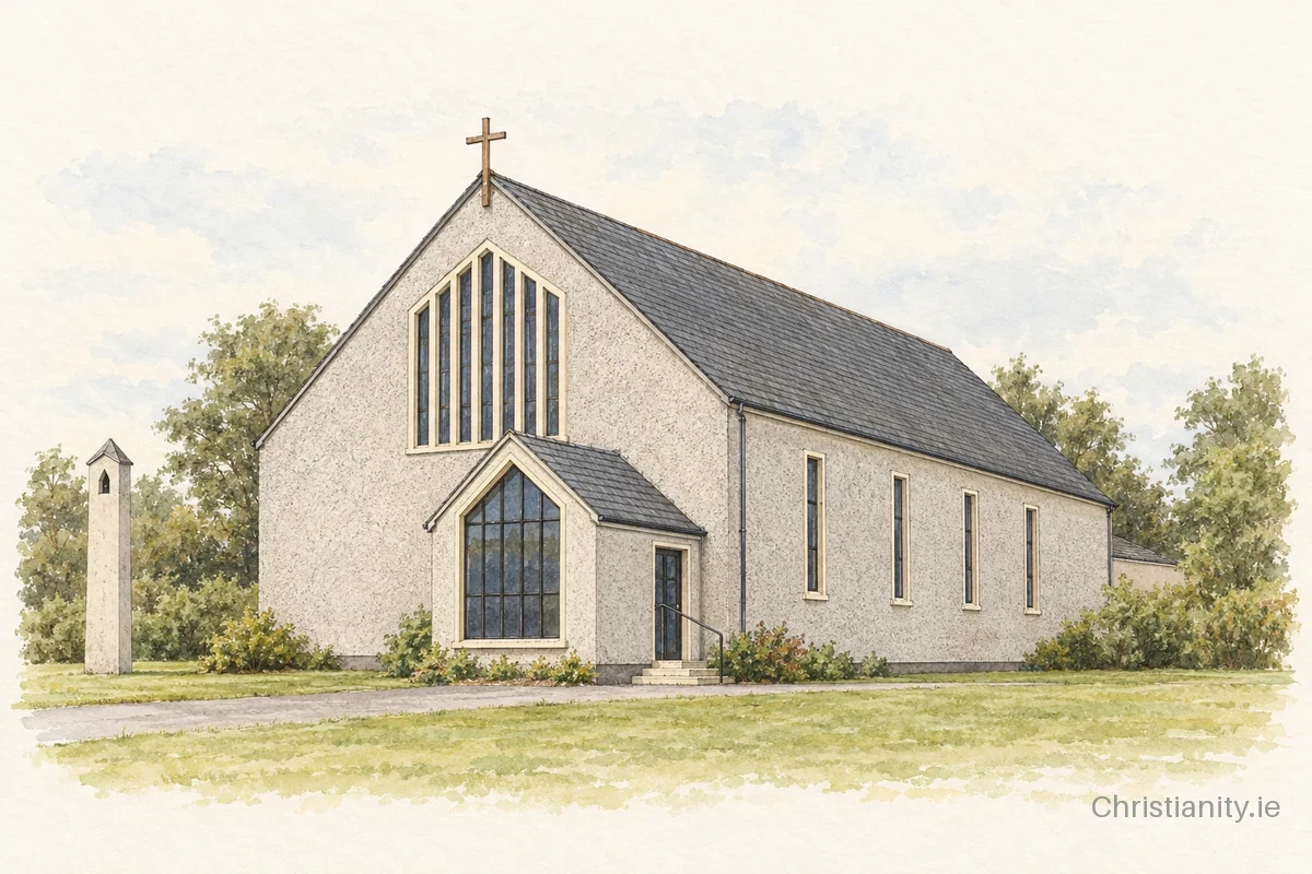 Watercolour and ink illustration of Church of the Sacred Heart, Kiskeam