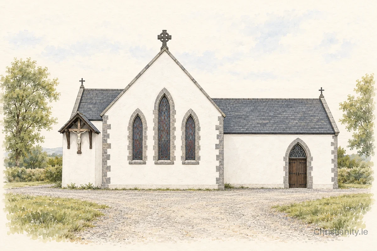 Watercolour and ink illustration of Church of the Sacred Heart, Mullinabreena