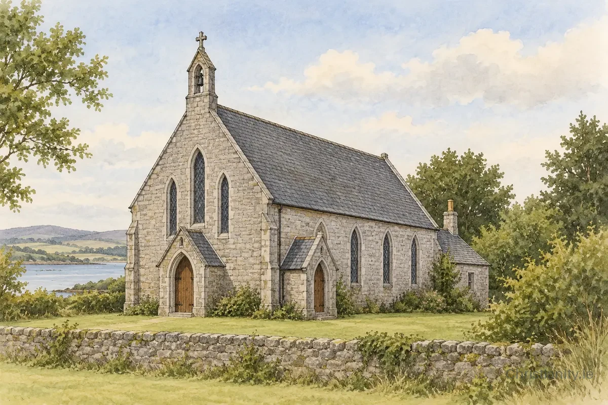 Watercolour and ink illustration of Church of the Sacred Heart, Rock