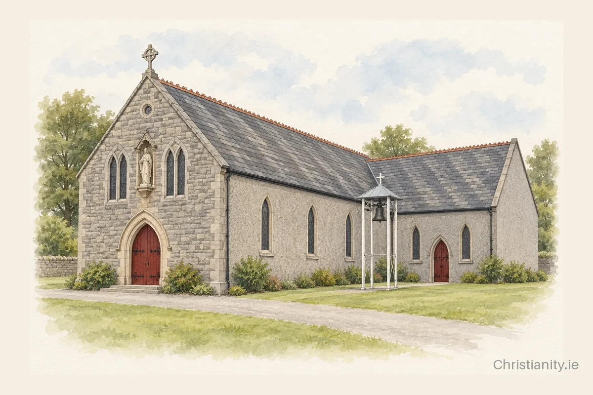 Watercolour and ink illustration of Churchnof the Sacred Heart, Lisvernane
