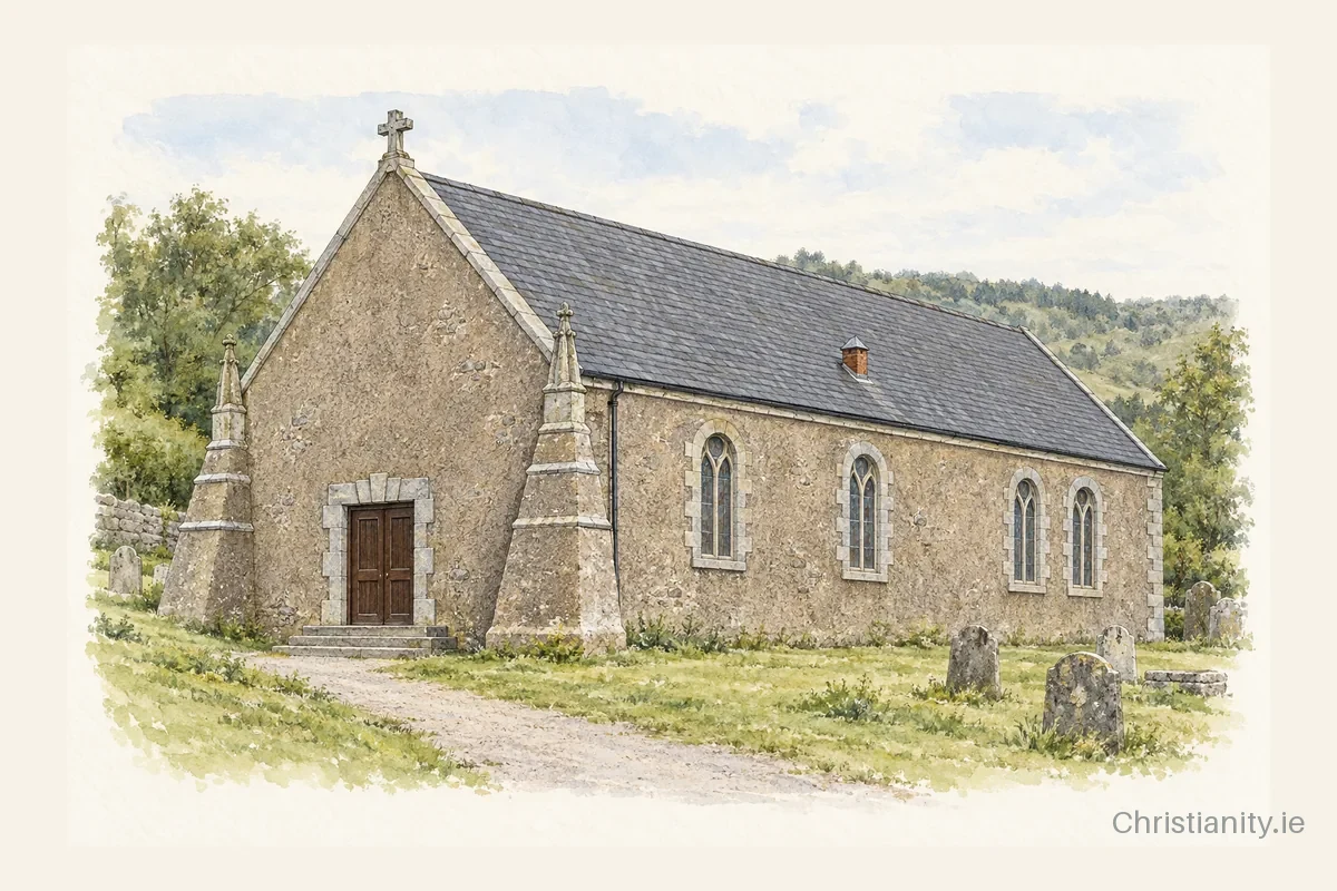 Watercolour and ink illustration of Clonagam Church