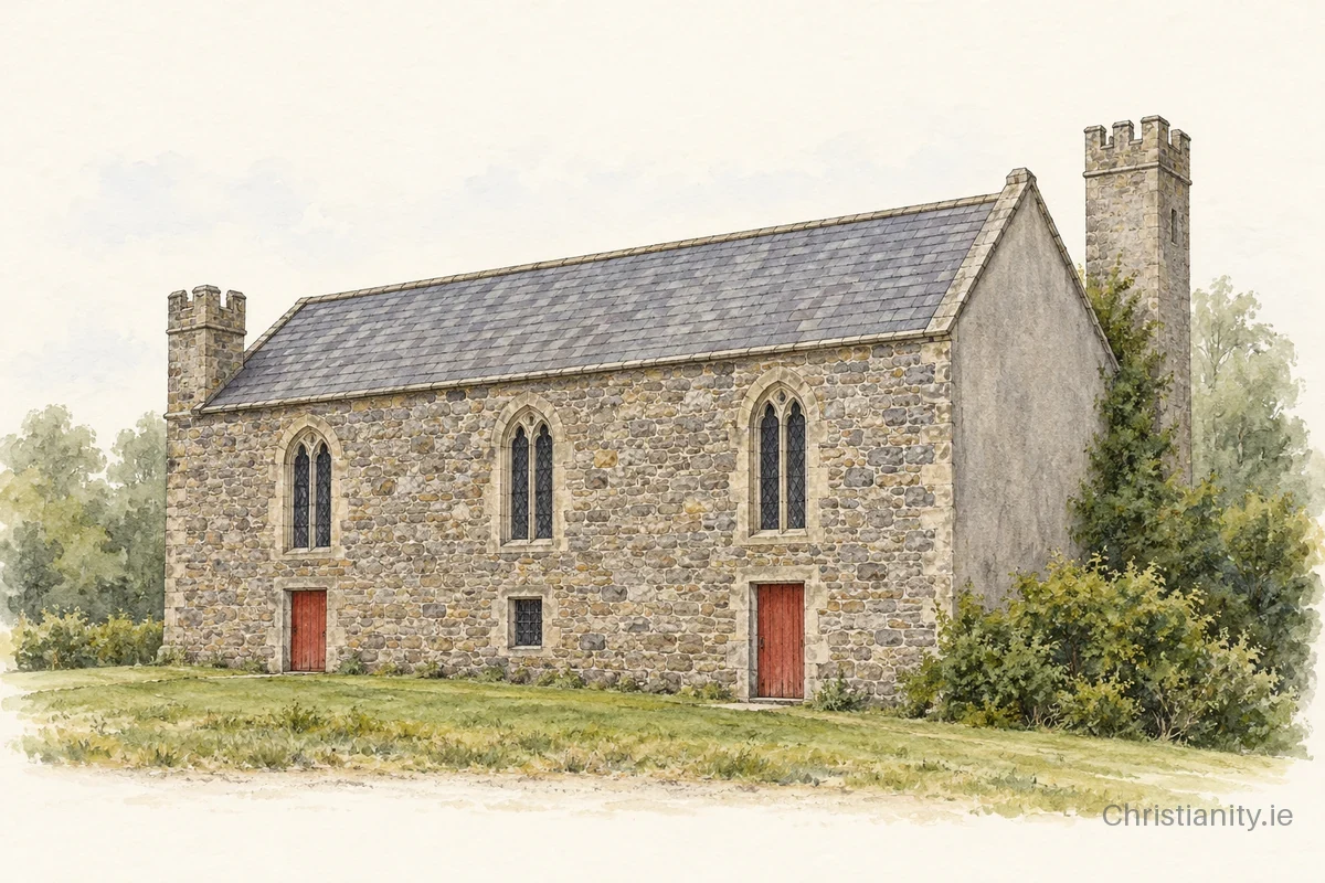 Watercolour and ink illustration of Clonagoose St Moling (Borris)