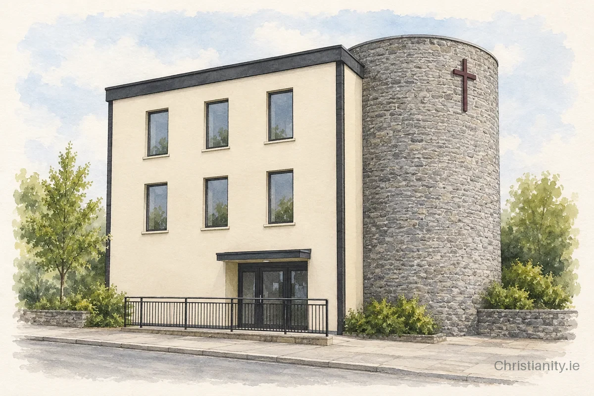 Watercolour and ink illustration of Clooney Hall, L'Derry Methodist Church