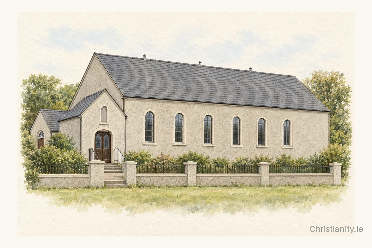 Watercolour and ink illustration of Clough (Co Antrim) Presbyterian Church