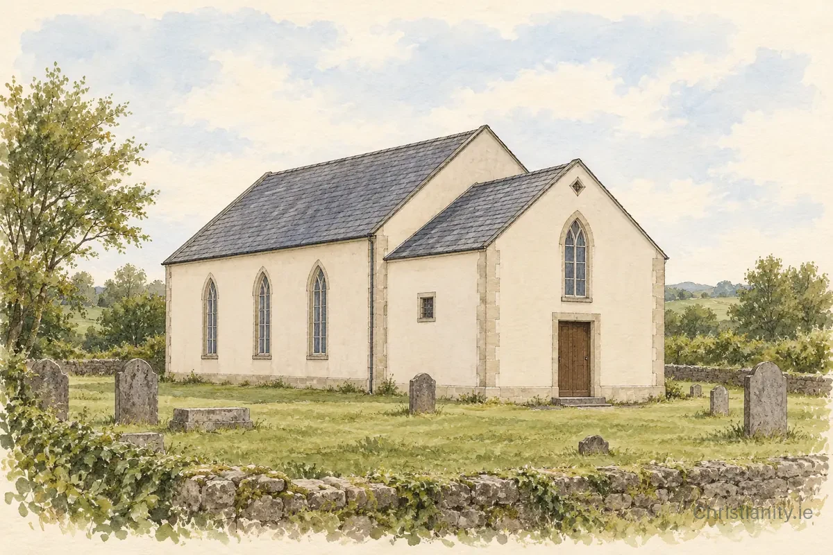 Watercolour and ink illustration of Co Tyrone Presbyterian Church
