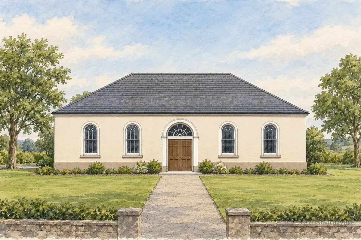 Watercolour and ink illustration of Coagh Presbyterian Church