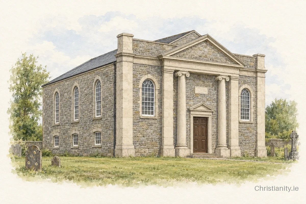 Watercolour and ink illustration of Comber Non-Subscribing Presbyterian Church
