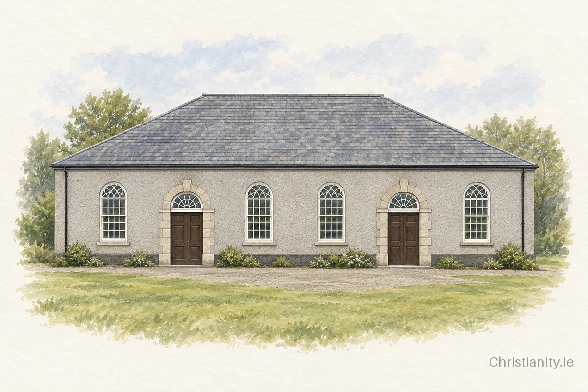 Watercolour and ink illustration of Corboy Presbyterian Church