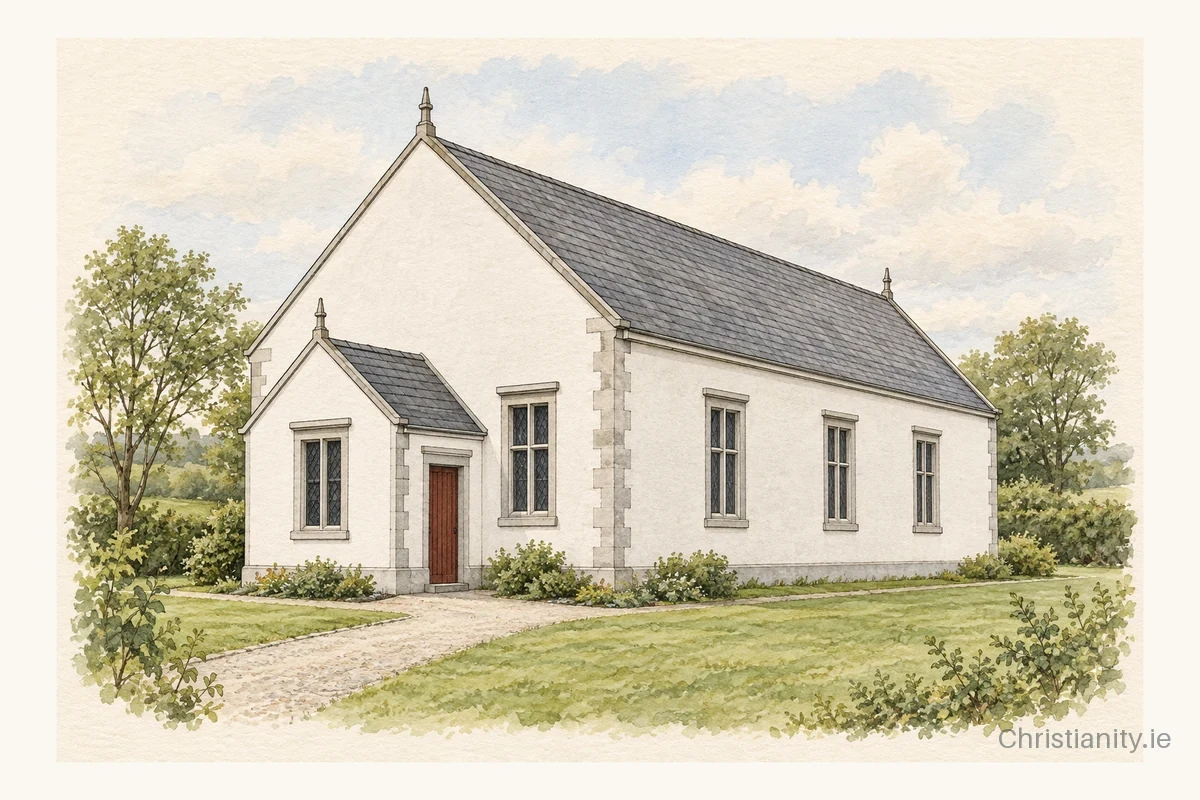 Watercolour and ink illustration of Corvally Presbyterian Church