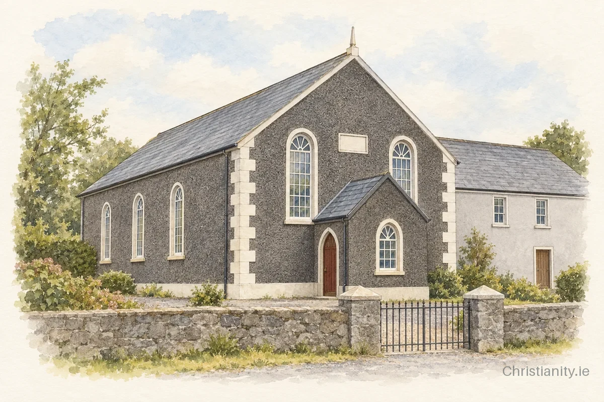 Watercolour and ink illustration of Craigmore Methodist Church