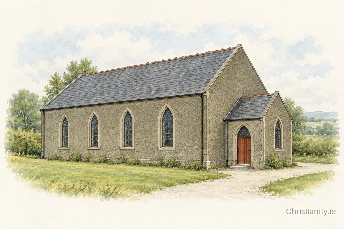 Watercolour and ink illustration of Creggan Presbyterian Church