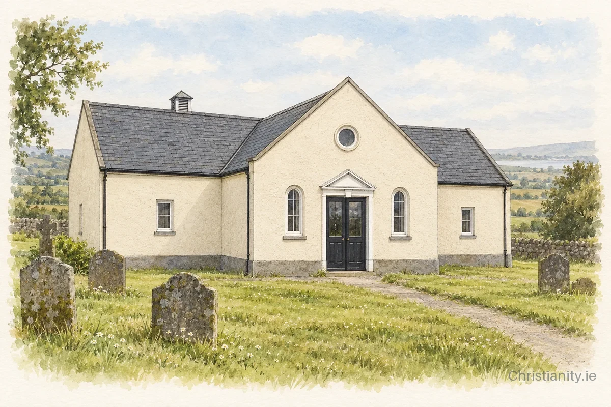 Watercolour and ink illustration of Crossgar Presbyterian Church
