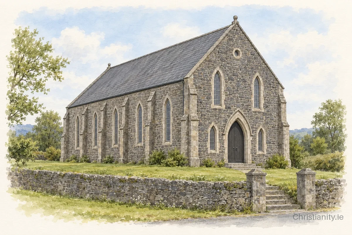 Watercolour and ink illustration of Cumber Presbyterian Church