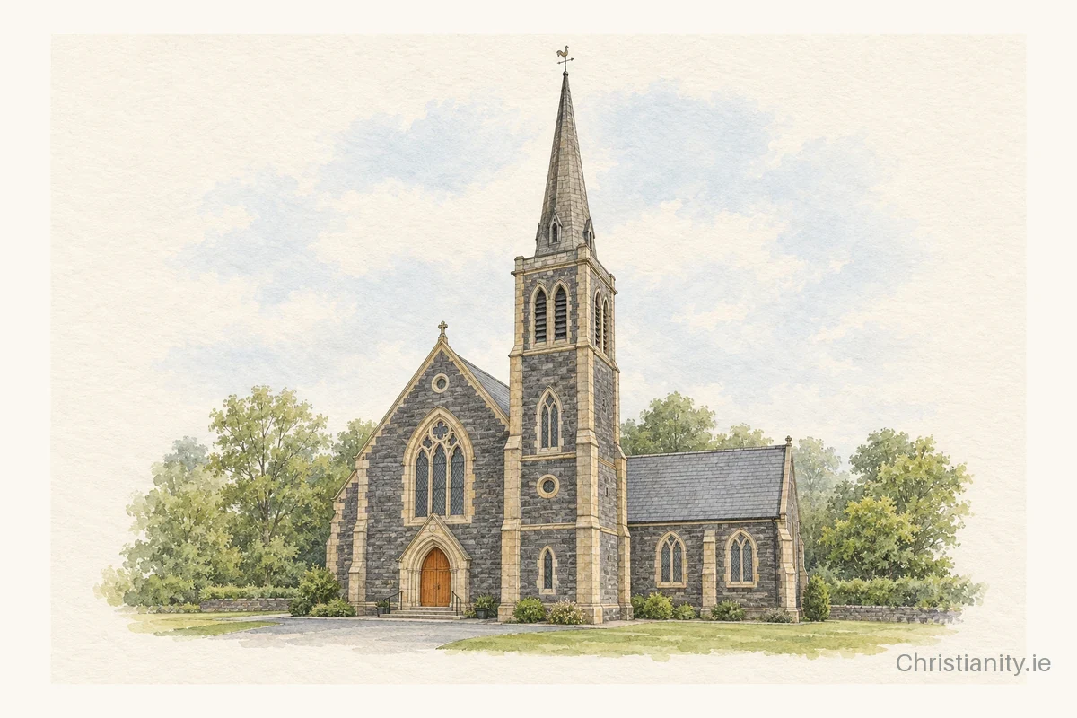 Watercolour and ink illustration of Cuningham Memorial Presbyterian Church