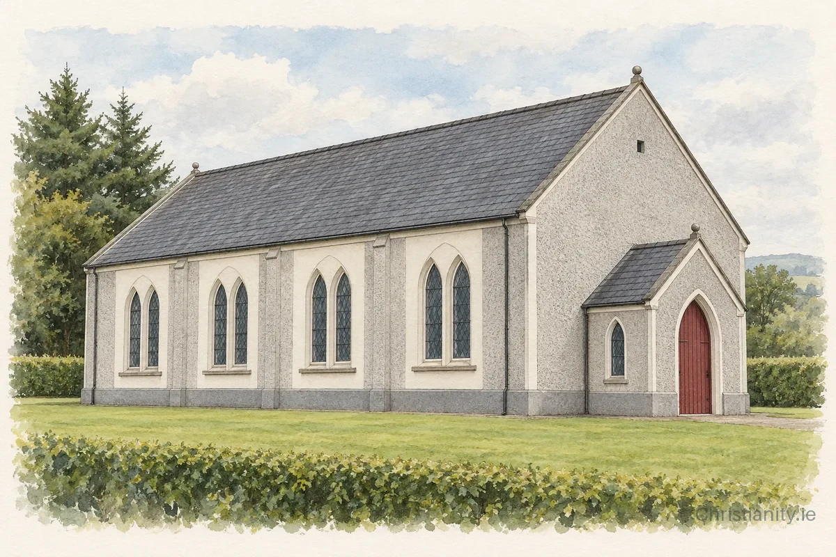 Watercolour and ink illustration of Derramore Presbyterian Church