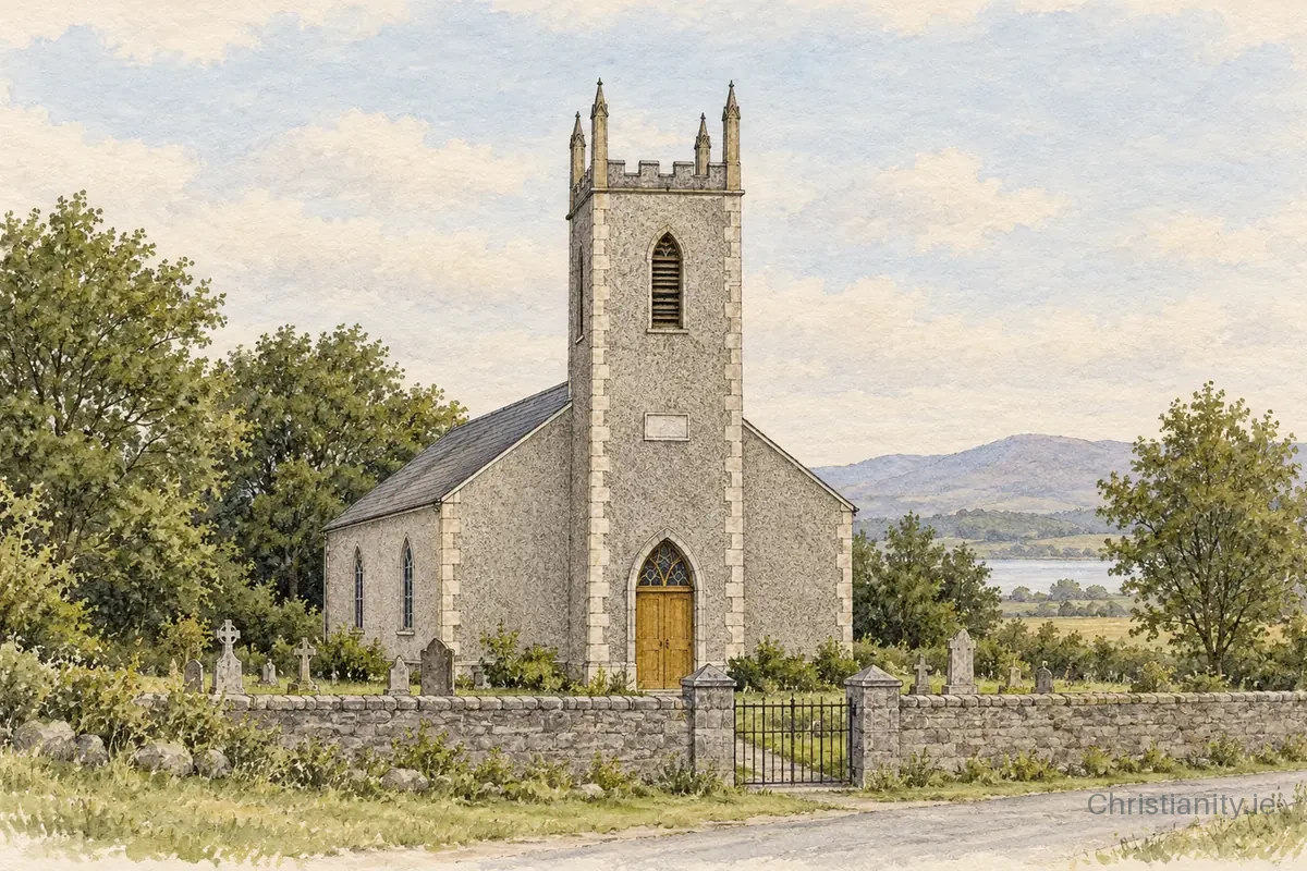 Watercolour and ink illustration of Derrygortreavy St Columba
