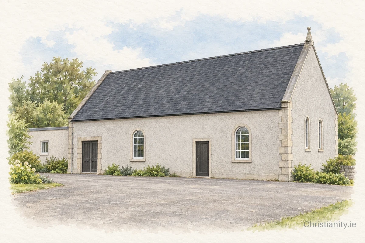 Watercolour and ink illustration of Dervock Reformed Presbyterian Church
