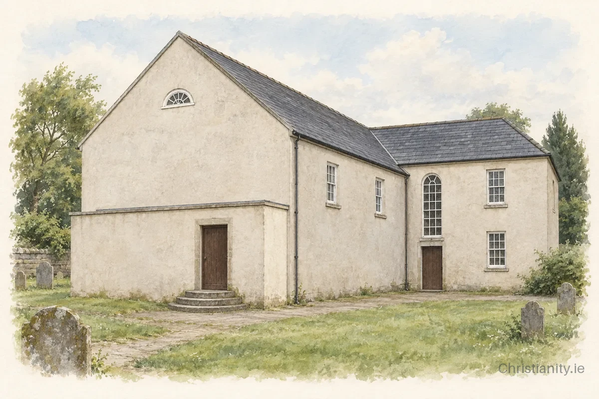 Watercolour and ink illustration of Downpatrick First Presbyterian (Non-Subscribing) Church