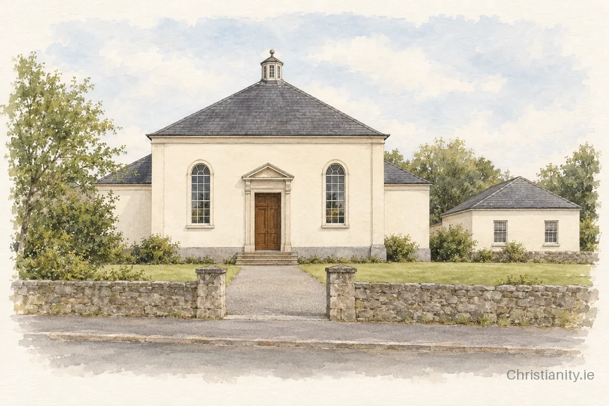 Watercolour and ink illustration of Downpatrick Presbyterian Church
