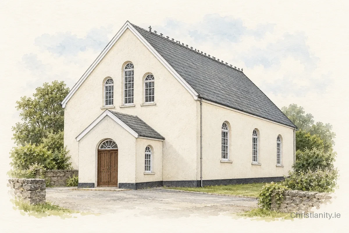 Watercolour and ink illustration of Drimoleague Methodist Church