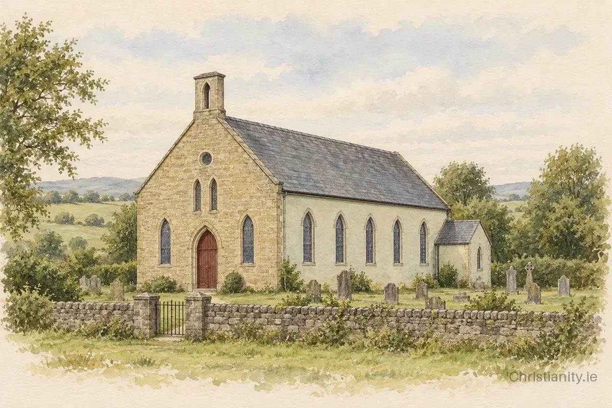 Watercolour and ink illustration of Drumquin Presbyterian Church