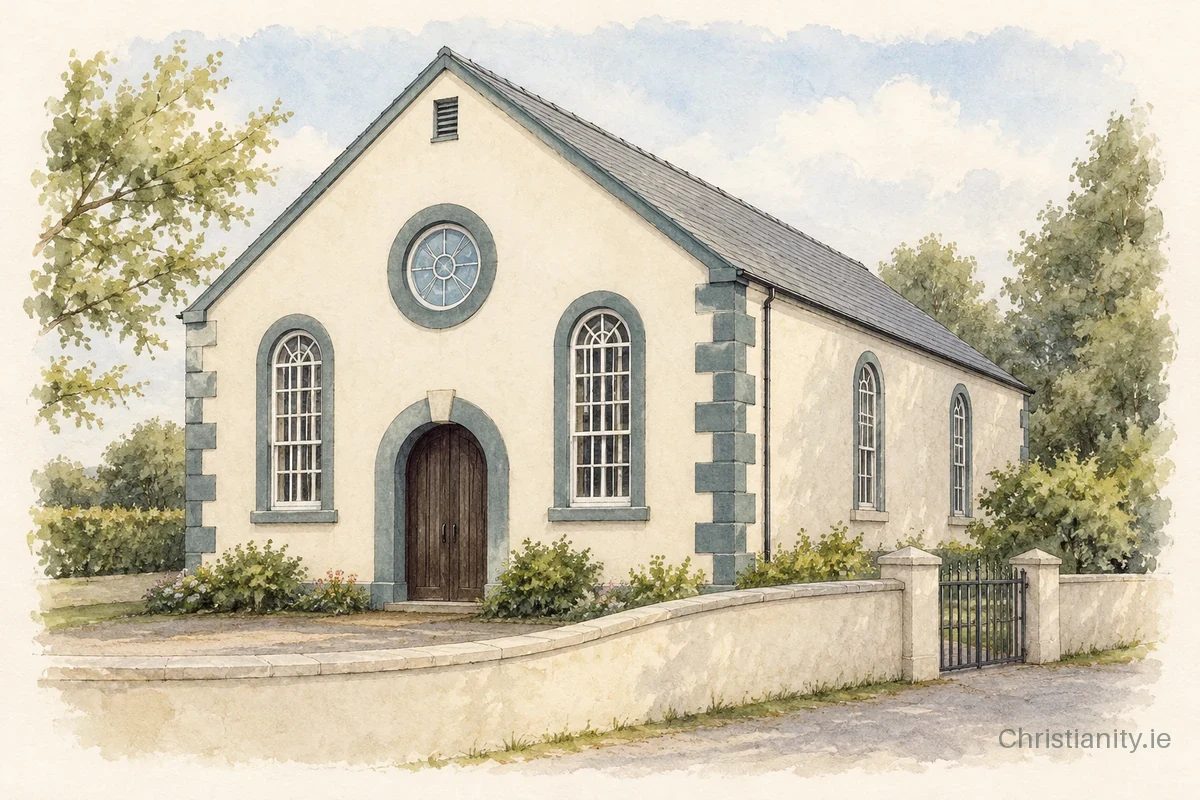 Watercolour and ink illustration of Dunloy Presbyterian Church
