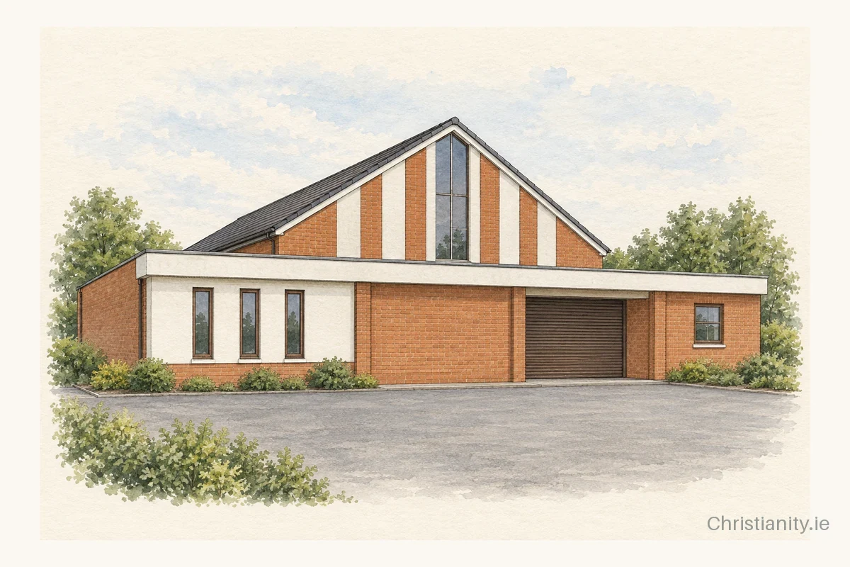 Watercolour and ink illustration of Dunmurry Free Presbyterian Church