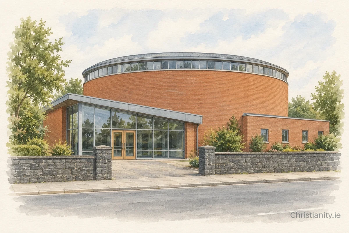 Watercolour and ink illustration of Dunmurry Presbyterian Church