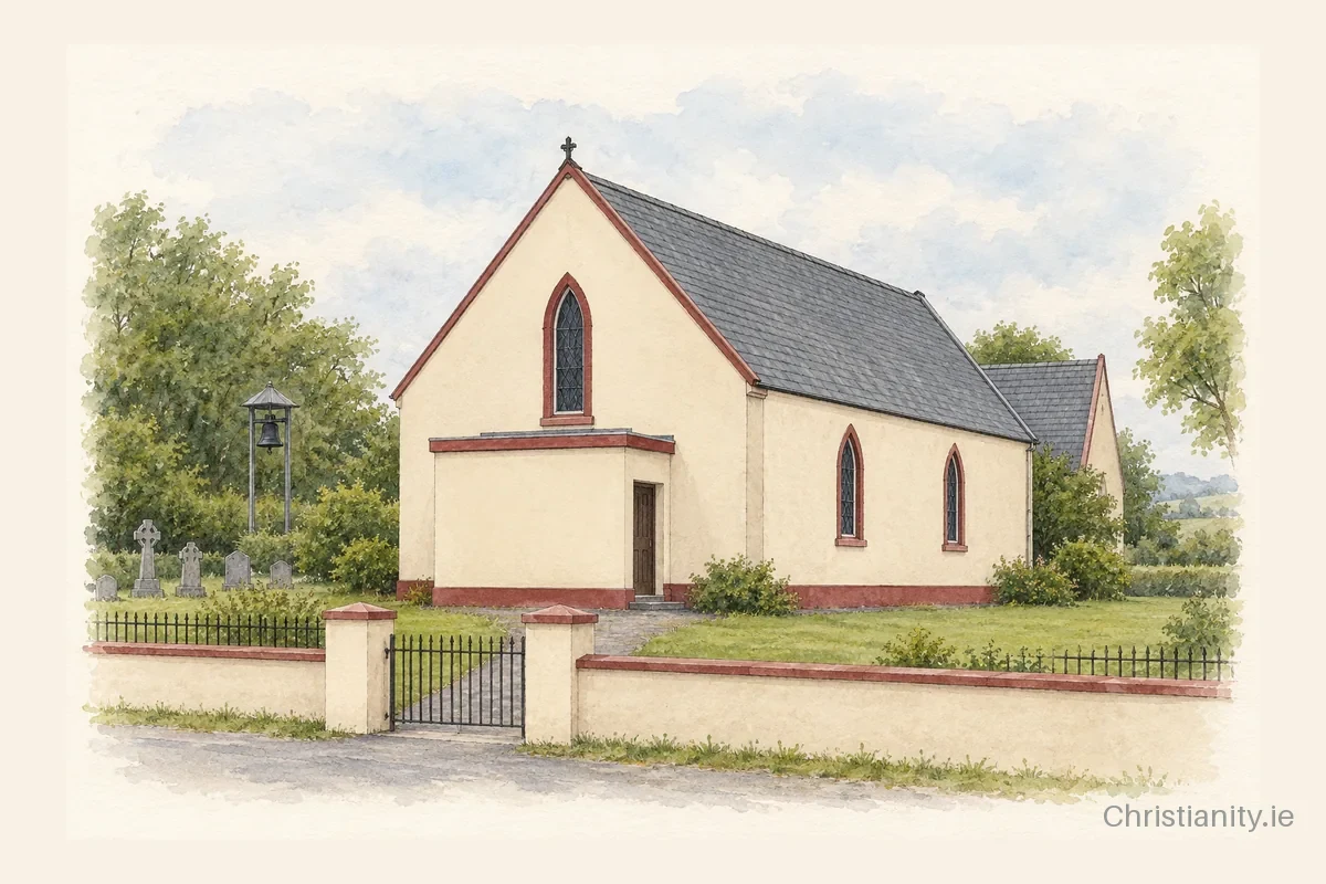 Watercolour and ink illustration of Faha Church