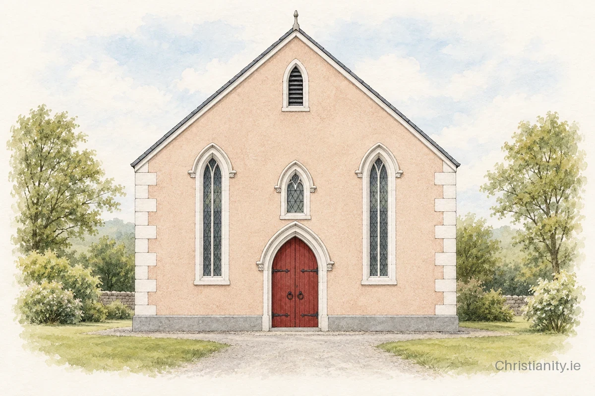 Watercolour and ink illustration of Finvoy Presbyterian Church