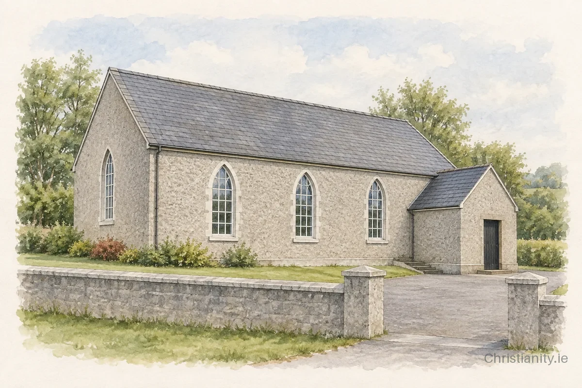 Watercolour and ink illustration of First Annaclone Presbyterian Church