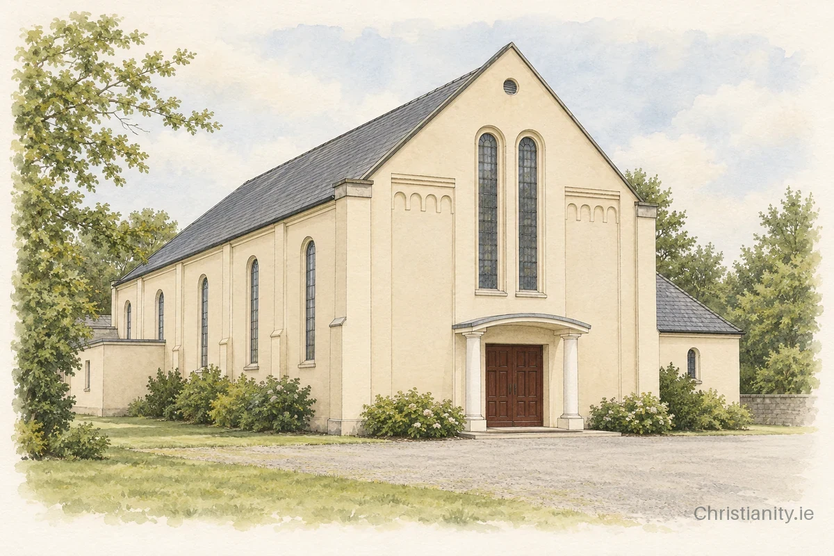Watercolour and ink illustration of First Ballymena Presbyterian Church