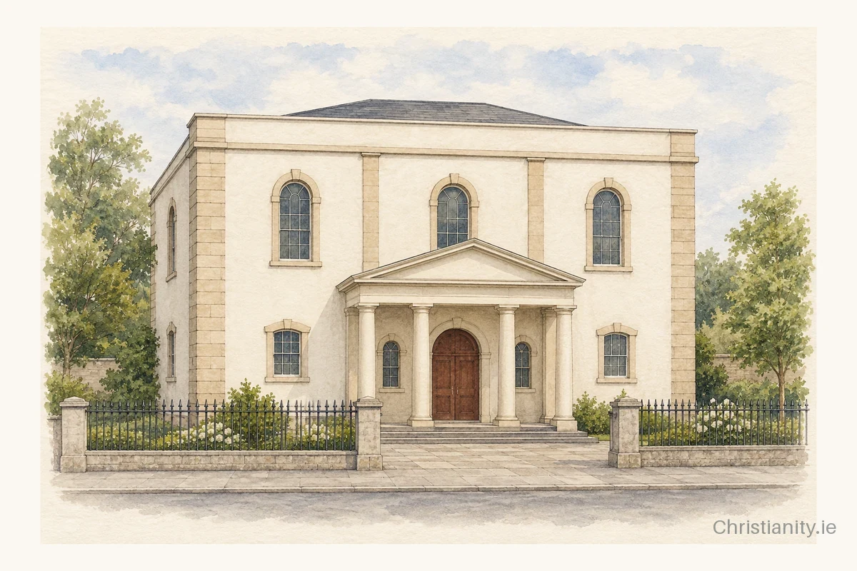 Watercolour and ink illustration of First Coleraine Presbyterian Church