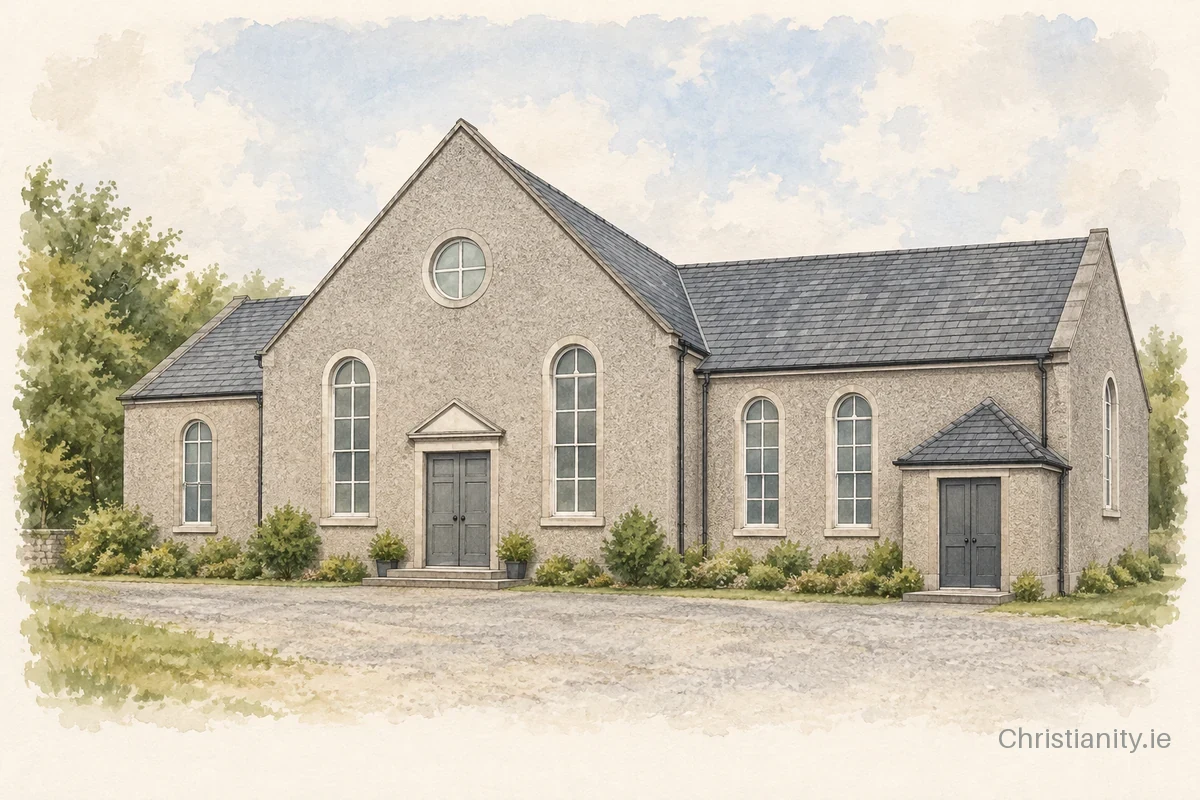 Watercolour and ink illustration of First Donegore Presbyterian Church