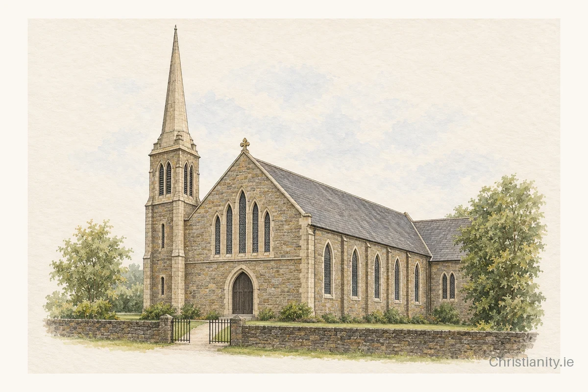 Watercolour and ink illustration of First Magherafelt Presbyterian Church