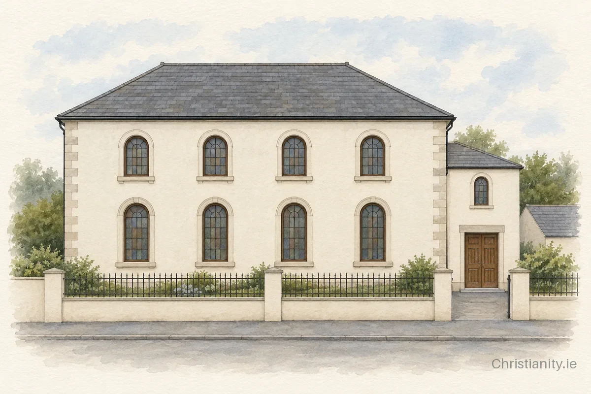 Watercolour and ink illustration of First Rathfriland Presbyterian Church