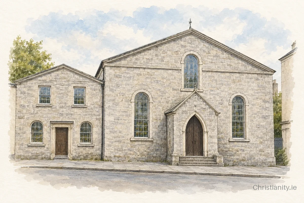 Watercolour and ink illustration of Galway Presbyterian Church