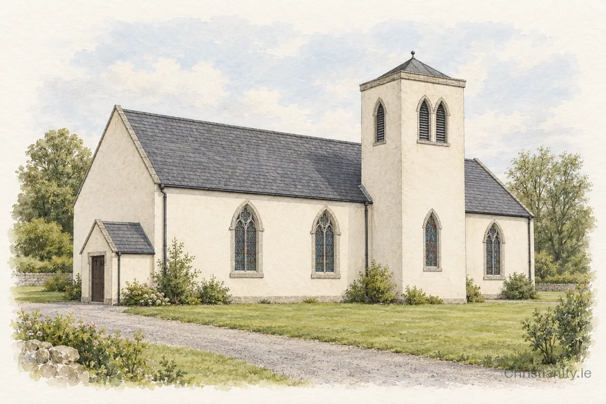 Watercolour and ink illustration of Glascar Presbyterian Church