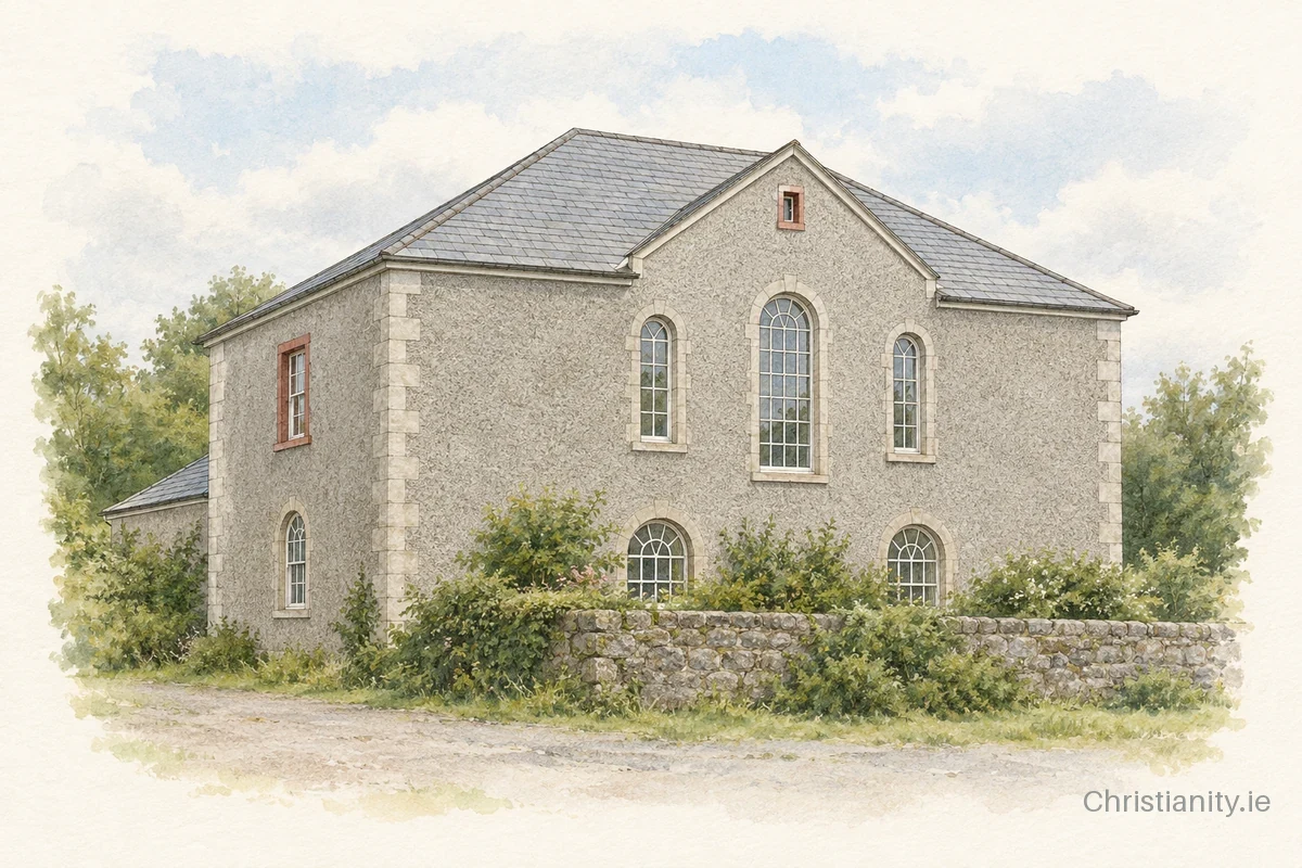 Watercolour and ink illustration of Glenarm Old Presbyterian Church
