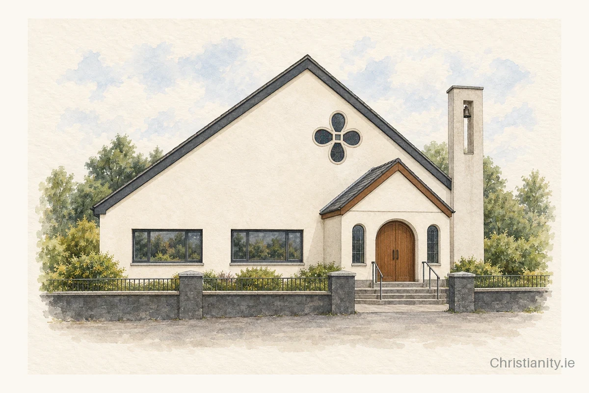 Watercolour and ink illustration of Glengormley Baptist Church