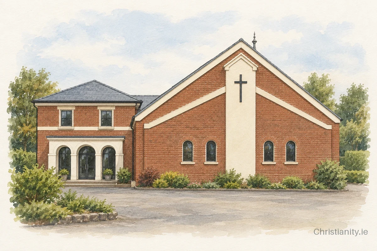 Watercolour and ink illustration of Glengormley Methodist Church