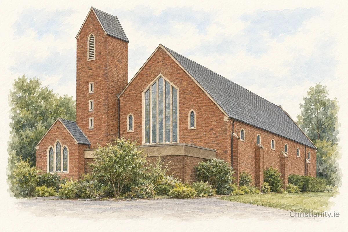 Watercolour and ink illustration of Glengormley Presbyterian Church
