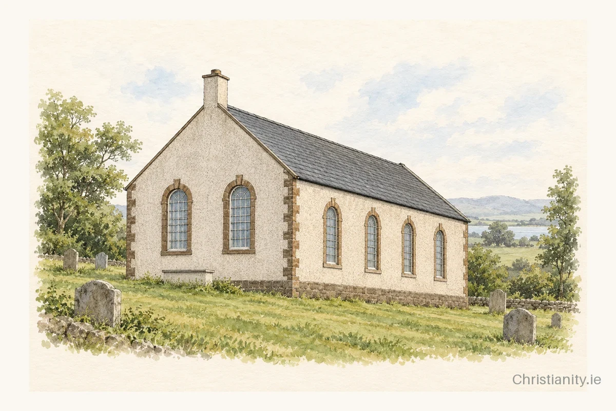 Watercolour and ink illustration of Gortnessy Presbyterian Church
