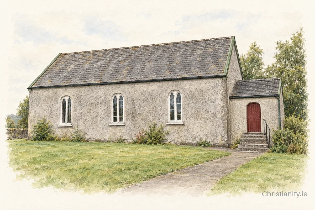Watercolour and ink illustration of Graniamore Church