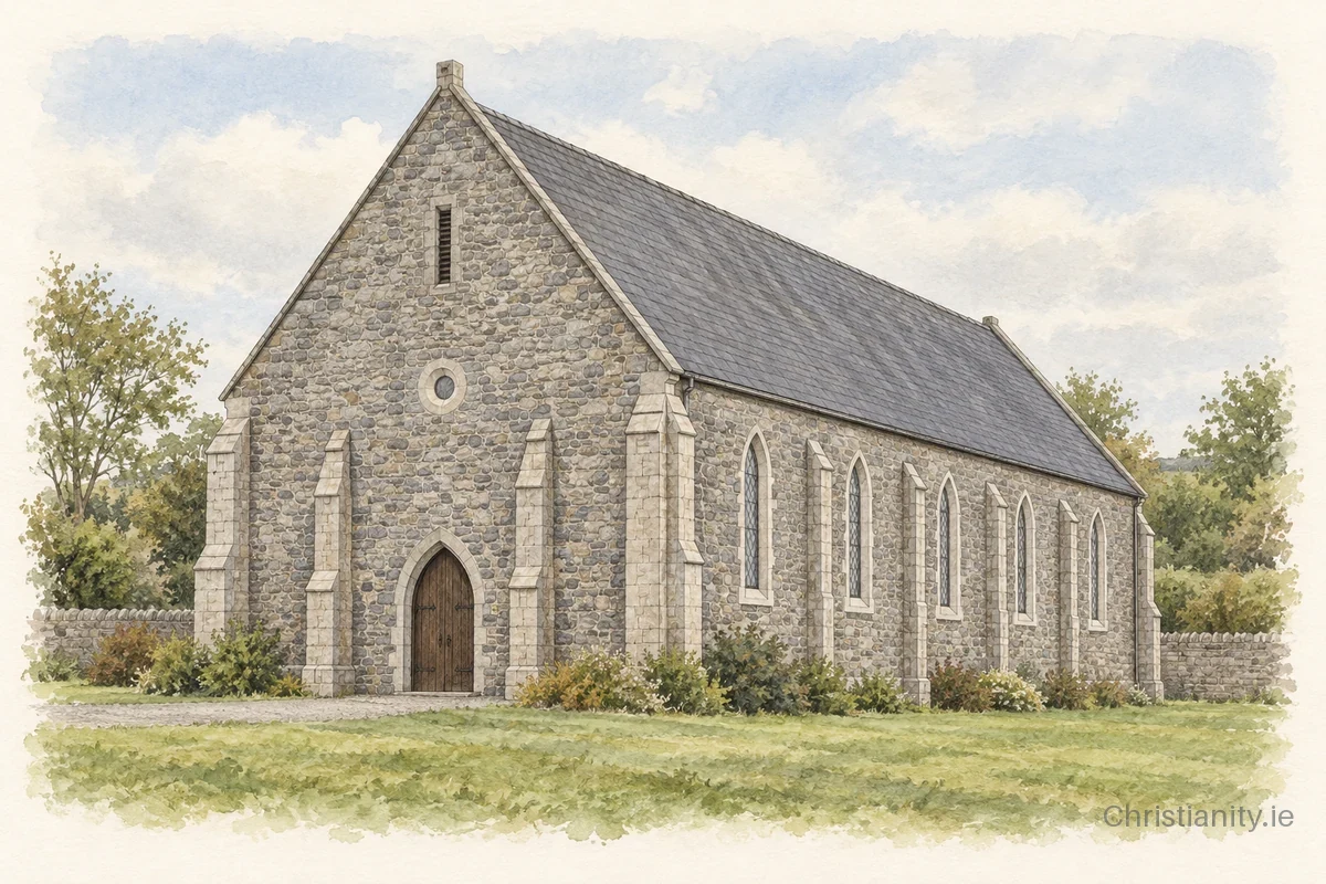 Watercolour and ink illustration of Greenbank Presbyterian Church