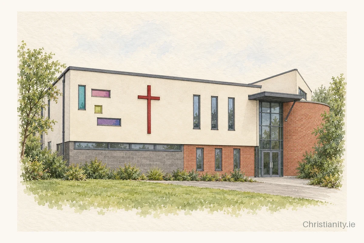 Watercolour and ink illustration of Greenisland Baptist Church