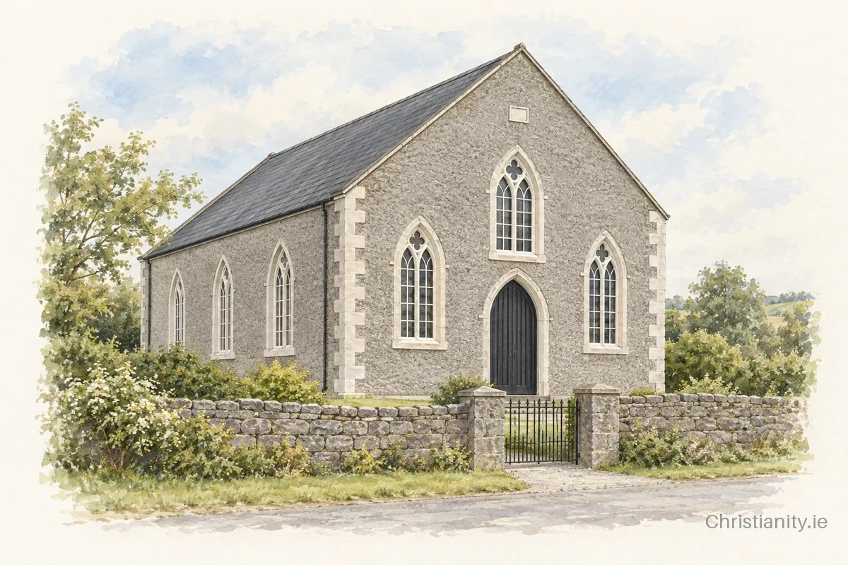 Watercolour and ink illustration of Greyabbey First Presbyterian Non-Subscribing Church