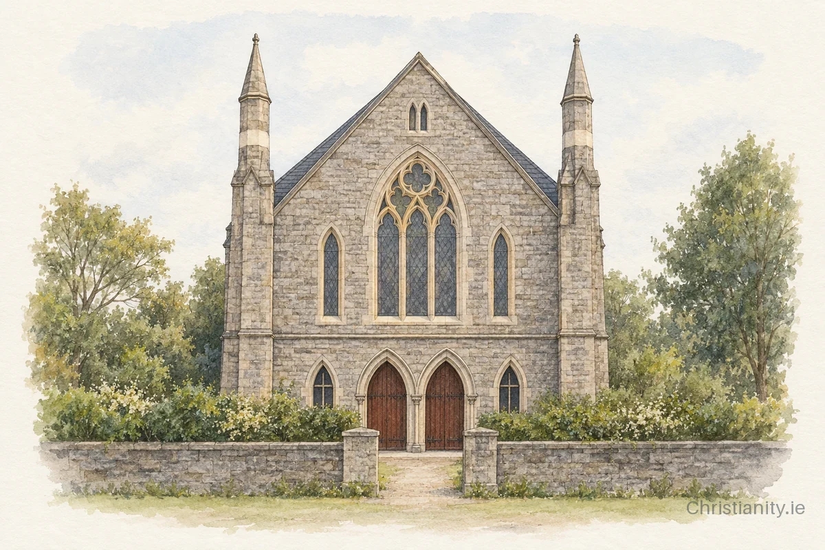 Watercolour and ink illustration of Grosvenor Road Baptist Church
